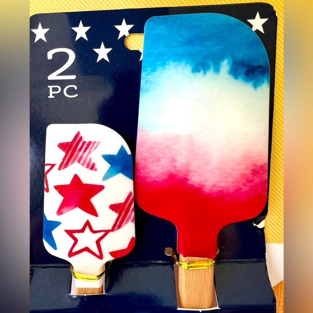 Set of 2 Americana Tie Dye & Patriotic Stars Silicone Spatulas Wooden Handles